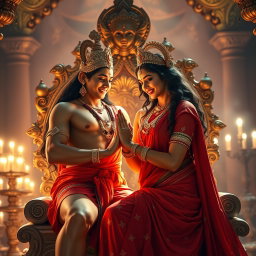 A breathtakingly beautiful Hindu goddess with radiant, glowing skin, adorned in a luxurious red saree and elegant jewelry that enhances her divine presence