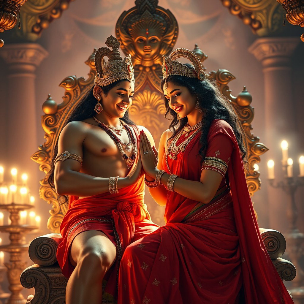 A breathtakingly beautiful Hindu goddess with radiant, glowing skin, adorned in a luxurious red saree and elegant jewelry that enhances her divine presence