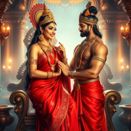 A breathtakingly beautiful Hindu goddess with radiant, glowing skin, adorned in a luxurious red saree and elegant jewelry that enhances her divine presence