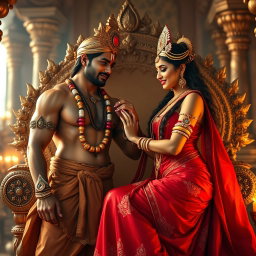 A breathtakingly beautiful Hindu goddess with radiant, glowing skin, adorned in a luxurious red saree and elegant jewelry that enhances her divine presence