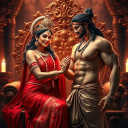 A breathtakingly beautiful Hindu goddess with radiant, glowing skin, adorned in a luxurious red saree and elegant jewelry that enhances her divine presence