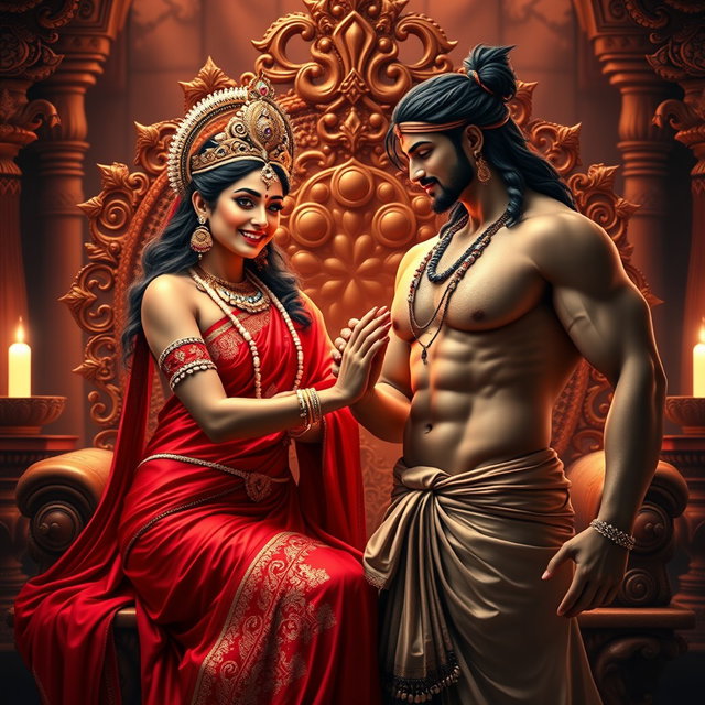 A breathtakingly beautiful Hindu goddess with radiant, glowing skin, adorned in a luxurious red saree and elegant jewelry that enhances her divine presence