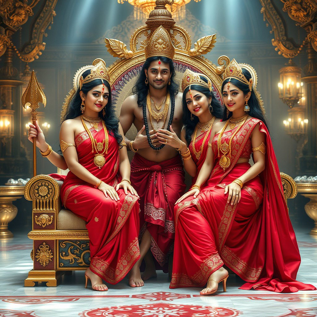 Two breathtakingly beautiful Hindu goddesses with radiant, glowing skin, both adorned in exquisite red sarees and stunning jewelry around their necks, complemented by delicate payal on their feet