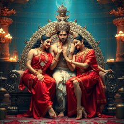 Two breathtakingly beautiful Hindu goddesses with radiant, glowing skin, both adorned in exquisite red sarees and stunning jewelry around their necks, complemented by delicate payal on their feet