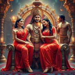 Two breathtakingly beautiful Hindu goddesses with radiant, glowing skin, both adorned in exquisite red sarees and stunning jewelry around their necks, complemented by delicate payal on their feet