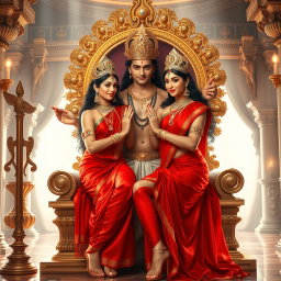 Two breathtakingly beautiful Hindu goddesses with radiant, glowing skin, both adorned in exquisite red sarees and stunning jewelry around their necks, complemented by delicate payal on their feet