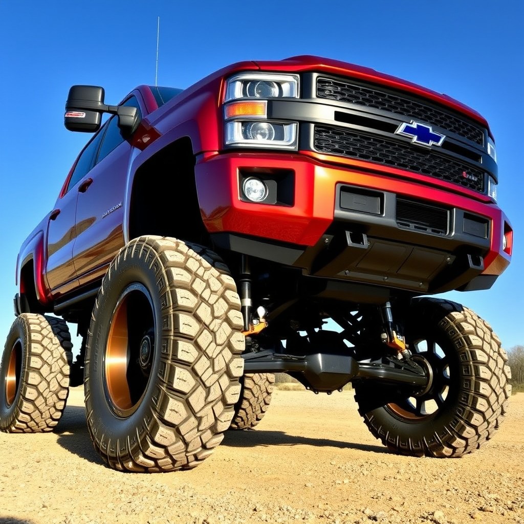 A striking lifted truck featuring a 30-inch lift kit, showcasing an impressive and aggressive stance