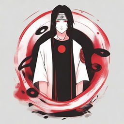 A white t-shirt with a high-quality print of Itachi Uchiha from Naruto; solemnly standing in his Akatsuki robe, his Sharingan eyes glowing enigmatically.