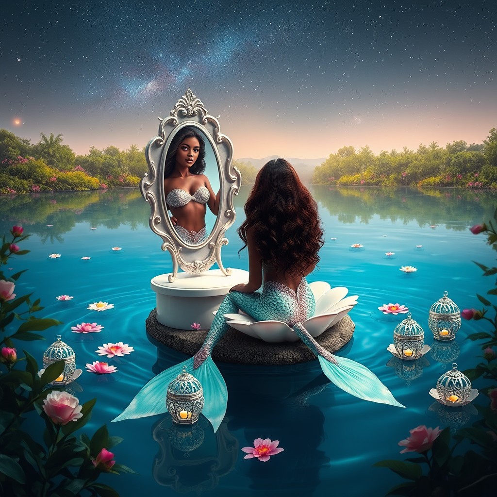 A beautiful dark-skinned mermaid with long, curly brown hair and a gorgeous light pink tail accented with iridescent mint green