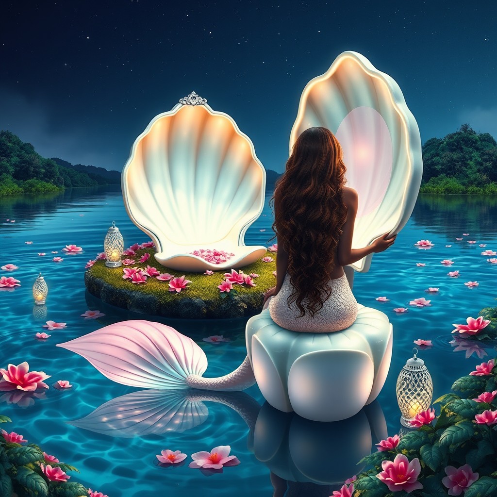 A gorgeous dark-skinned mermaid with long, curly brown hair and a stunning light pink tail featuring iridescent mint green accents