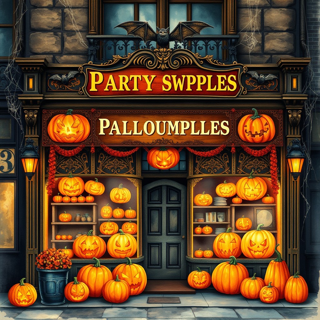 An antique Halloween party supplies store featuring an ornate Victorian facade
