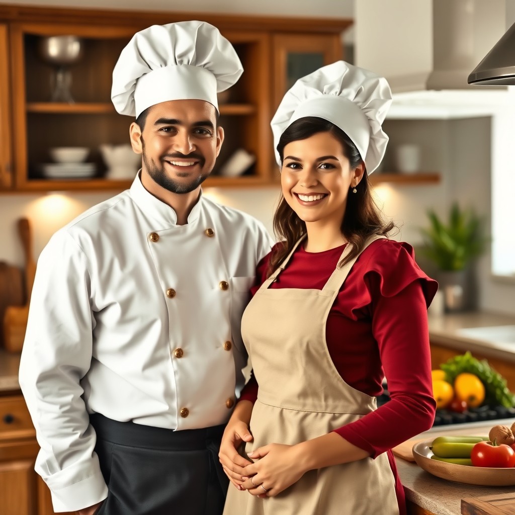 A house maiden and a chef smiling and facing the camera, standing together in a cozy, well-appointed kitchen