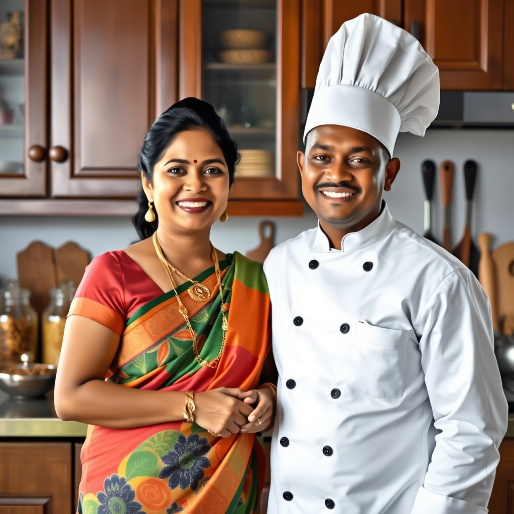 A Sri Lankan home maiden and chef smiling and facing the camera, standing together in a traditional Sri Lankan kitchen