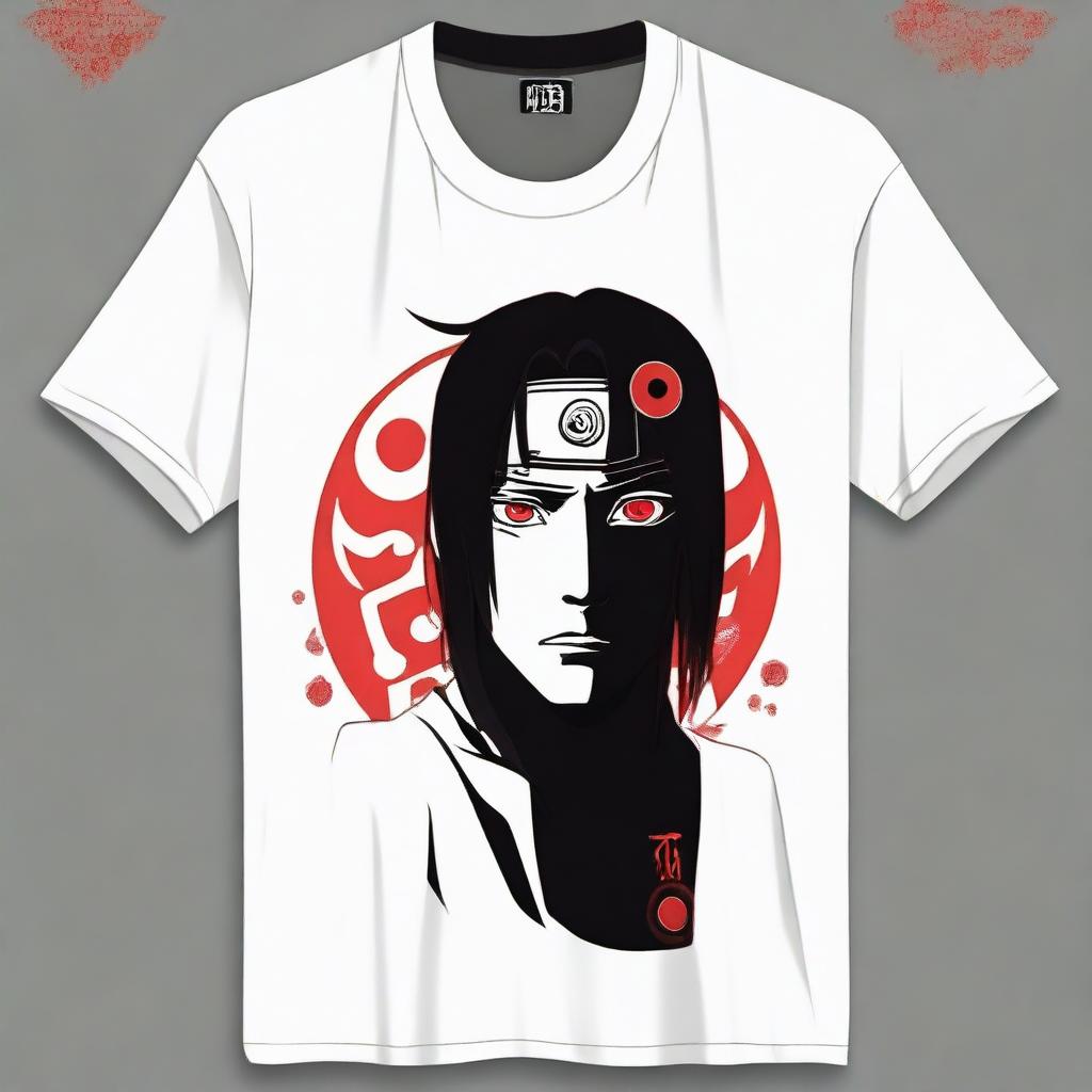 A white t-shirt with a high-quality print of Itachi Uchiha from Naruto; solemnly standing in his Akatsuki robe, his Sharingan eyes glowing enigmatically.