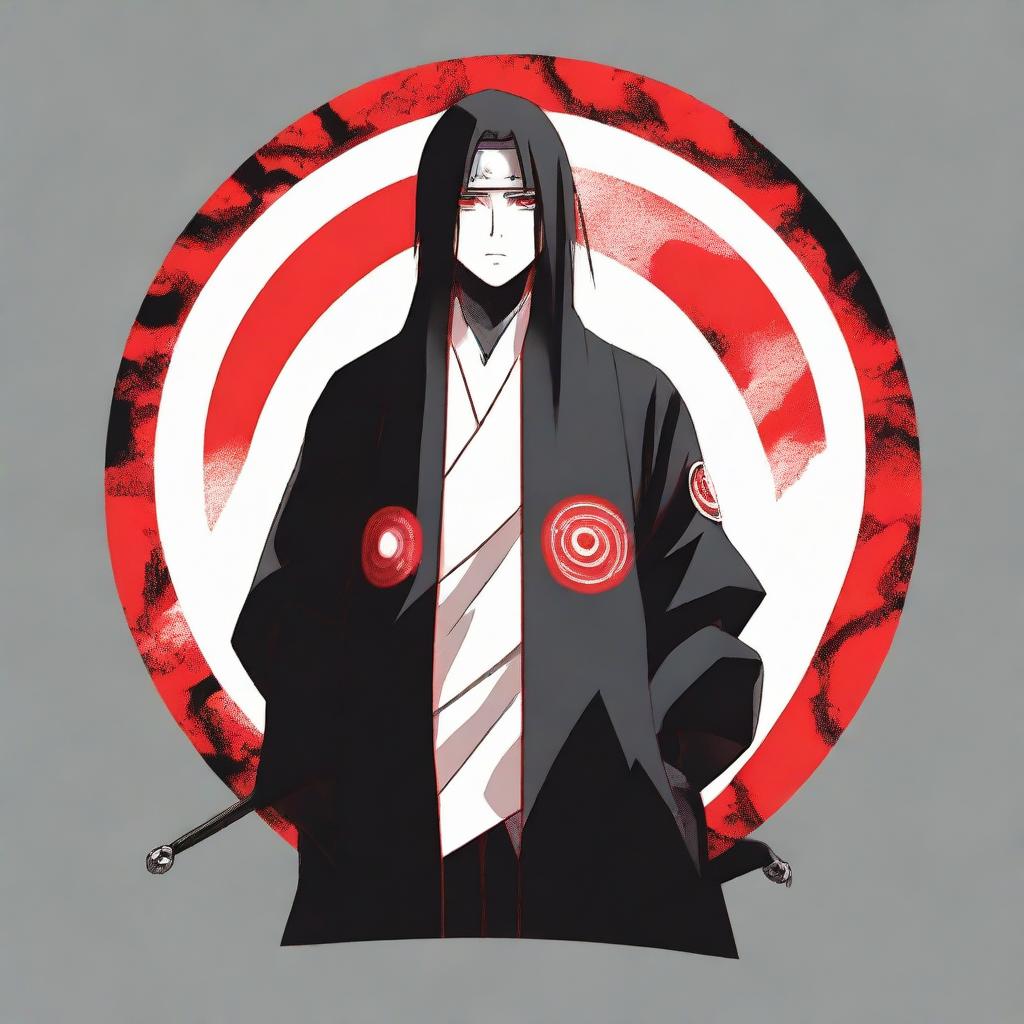 A white t-shirt with a high-quality print of Itachi Uchiha from Naruto; solemnly standing in his Akatsuki robe, his Sharingan eyes glowing enigmatically.