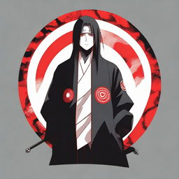 A white t-shirt with a high-quality print of Itachi Uchiha from Naruto; solemnly standing in his Akatsuki robe, his Sharingan eyes glowing enigmatically.