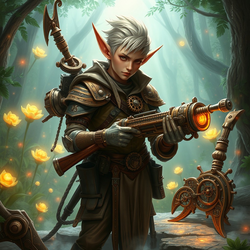 An inventive elf artilleryist in a fantasy setting, showcasing intricate mechanical creations and magical weapons