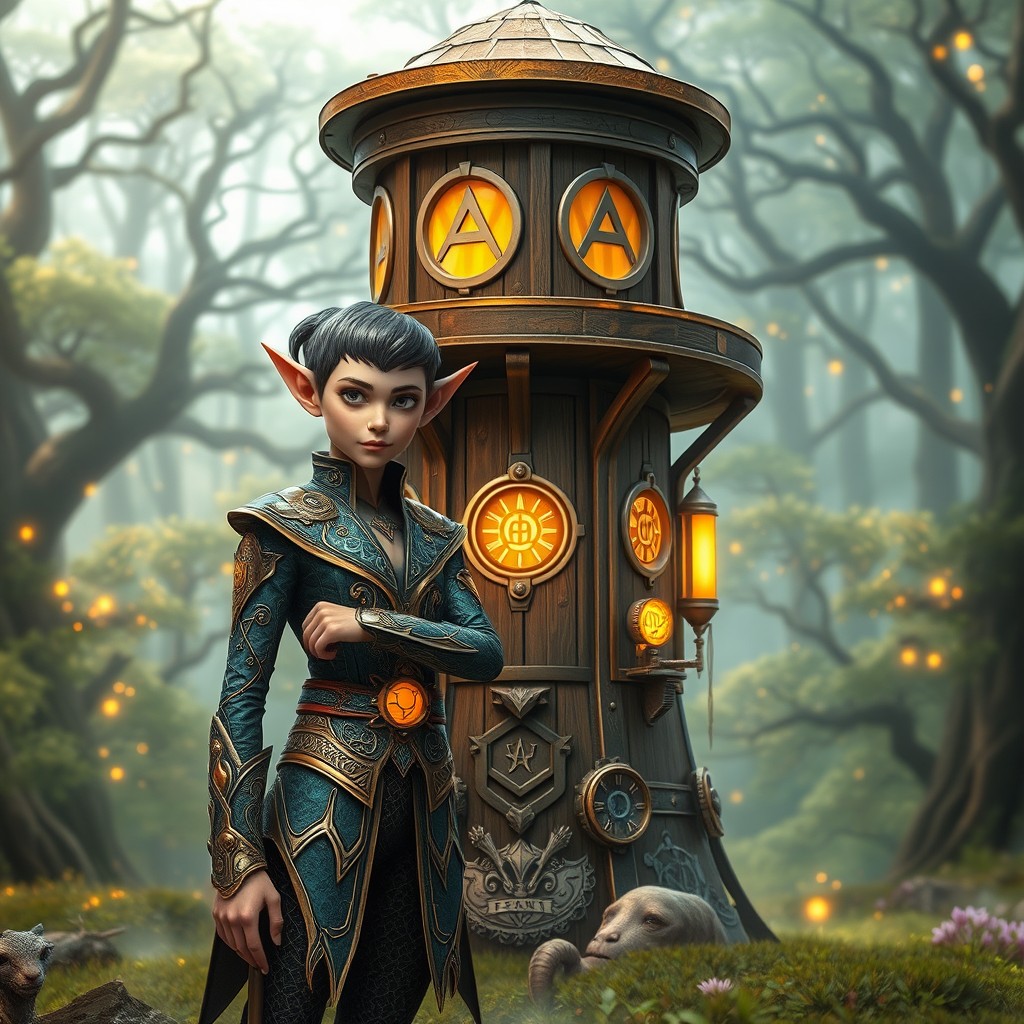 An inventive elf standing proudly next to a beautifully designed turret in a magical landscape