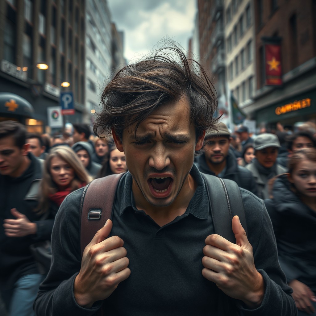 A dramatic scene depicting a person in the midst of a panic attack, showcasing a distressed expression and body language, with chaotic surroundings