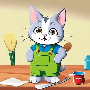 In the cartoon show, the mischievous cat was depicted as a house painter wearing overalls and carrying a paintbrush.