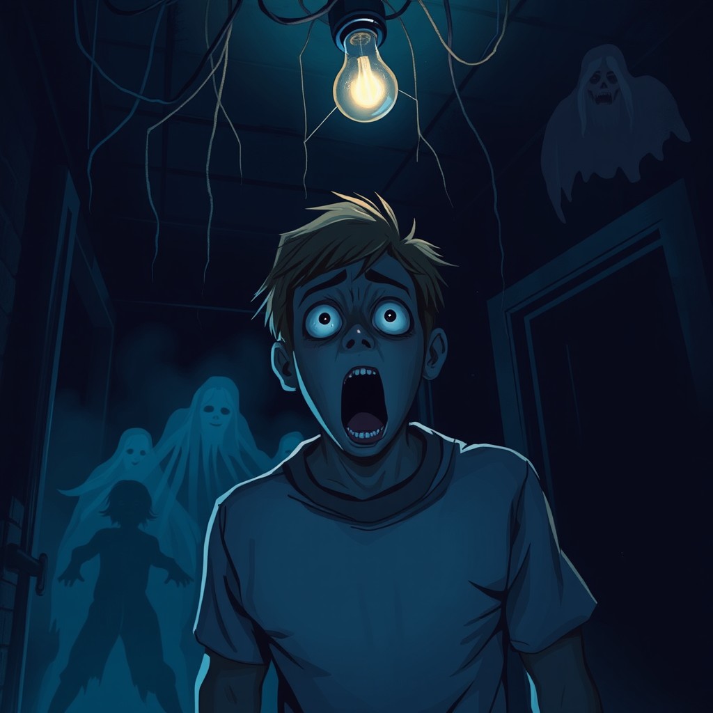 A scene depicting a person experiencing fear, their eyes wide in shock, standing in a dimly lit room filled with eerie shadows and ghostly figures