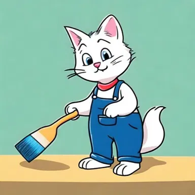 In the cartoon show, the mischievous cat was depicted as a house painter wearing overalls and carrying a paintbrush.