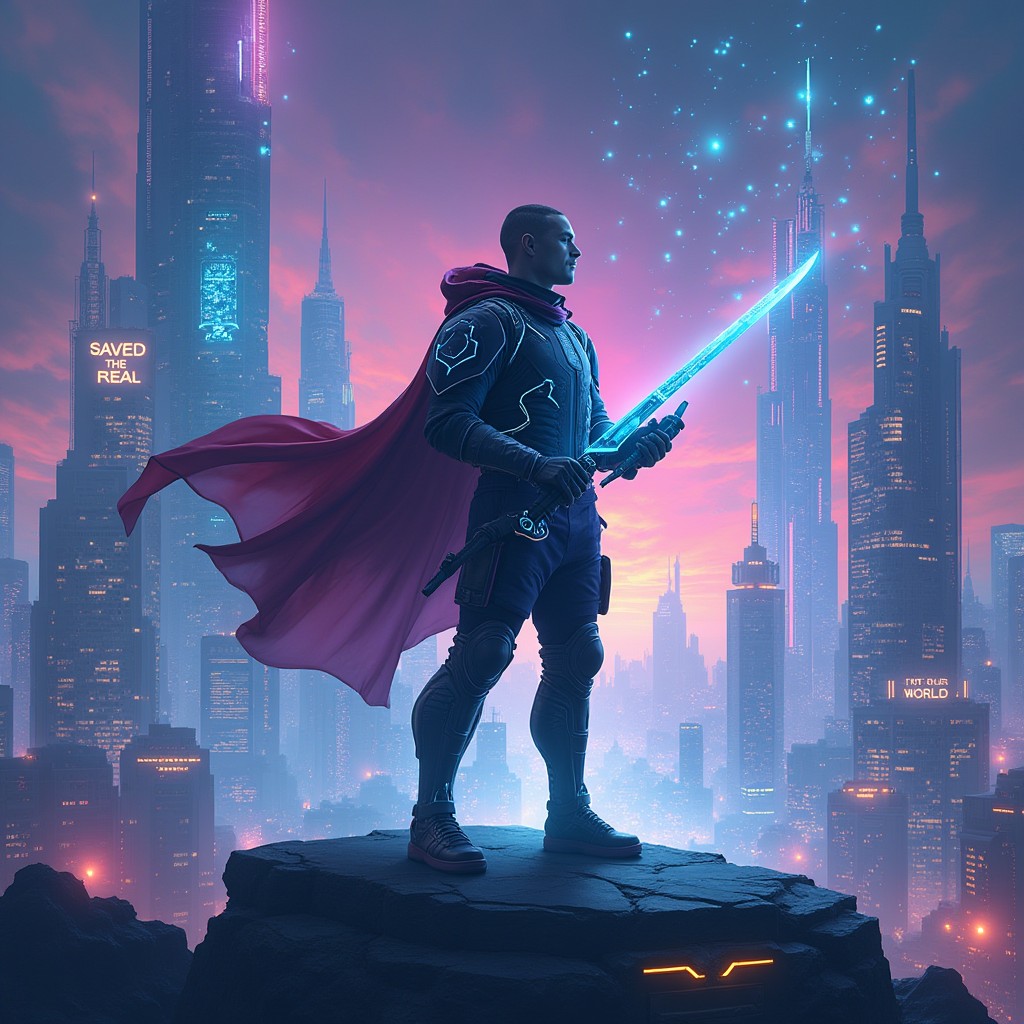 An epic scene depicting a heroic gamer in a futuristic world, standing triumphantly on top of a digital landscape that merges real and virtual elements