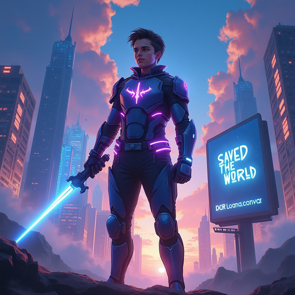 An epic illustration of a heroic gamer standing at the forefront of a vibrant digital landscape that symbolizes the union of gaming and reality