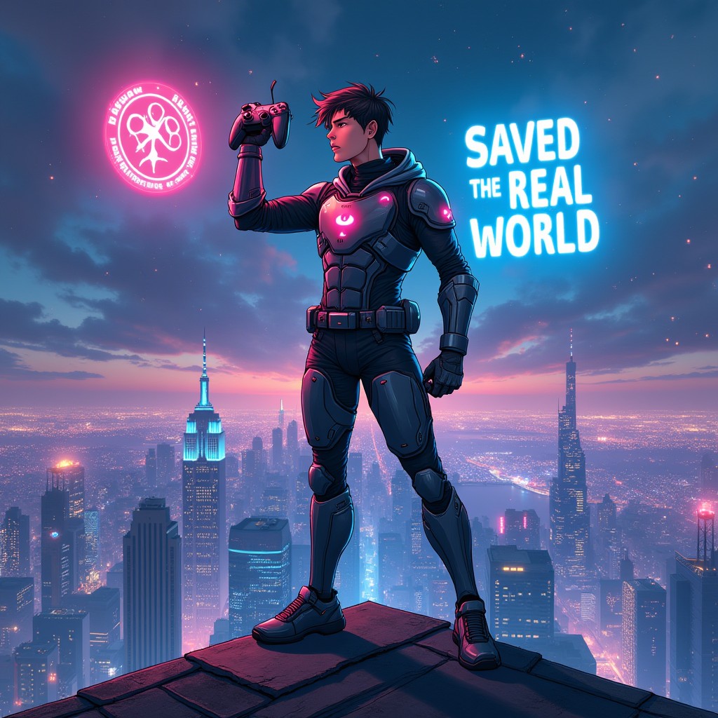 A dynamic illustration of a valiant gamer, a young adult in sleek futuristic armor, dramatically poised on a neon-lit urban rooftop