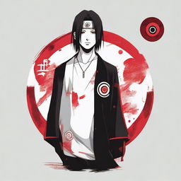 A white t-shirt with a high-quality print of Itachi Uchiha from Naruto; solemnly standing in his Akatsuki robe, his Sharingan eyes glowing enigmatically.