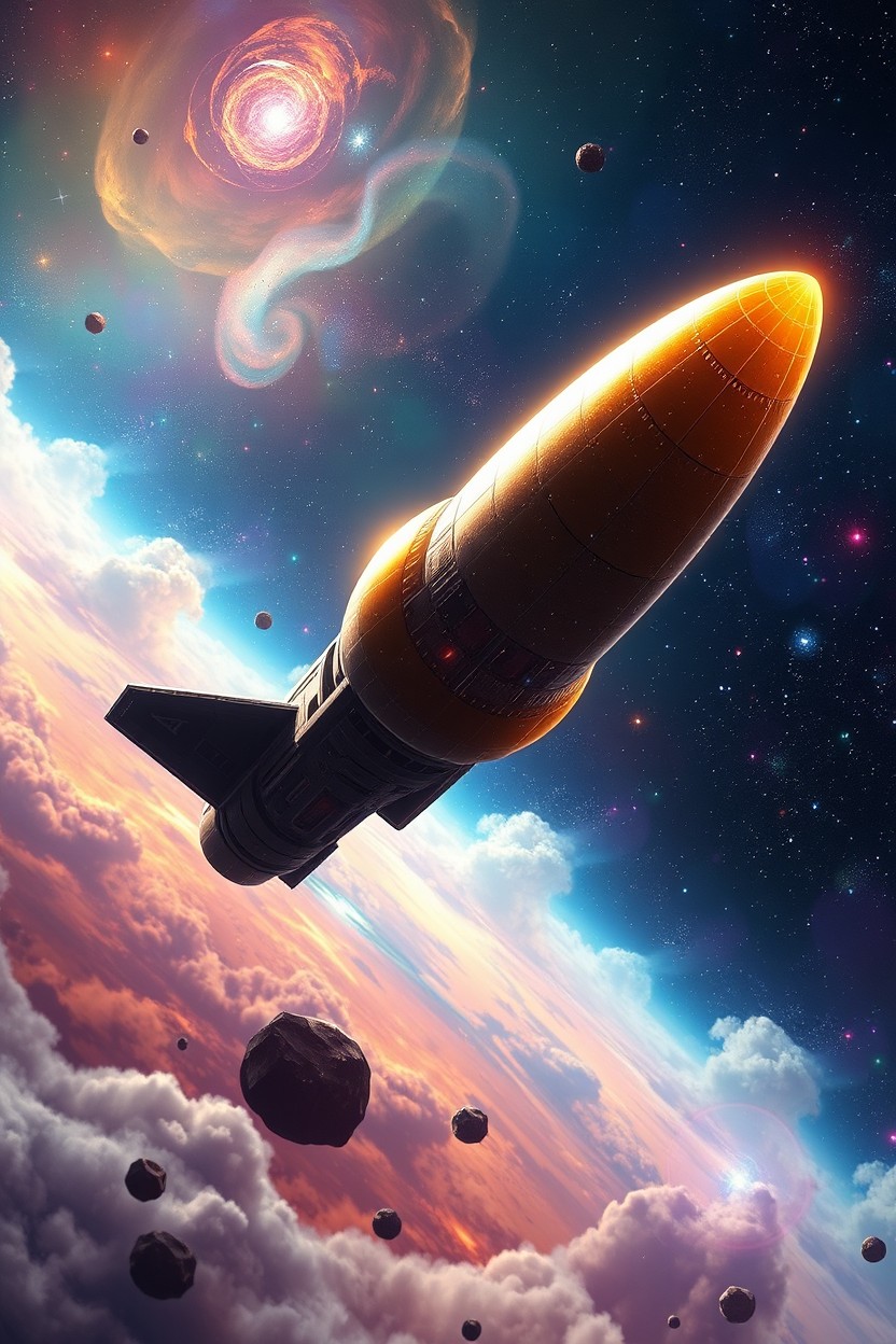A stunning digital painting of NASA's Voyager spaceship traveling through the vastness of space, surrounded by stars, distant galaxies and cosmic nebulae