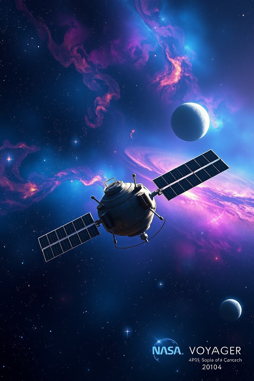 A stunning digital painting of the NASA spacecraft Voyager traveling through the vastness of space
