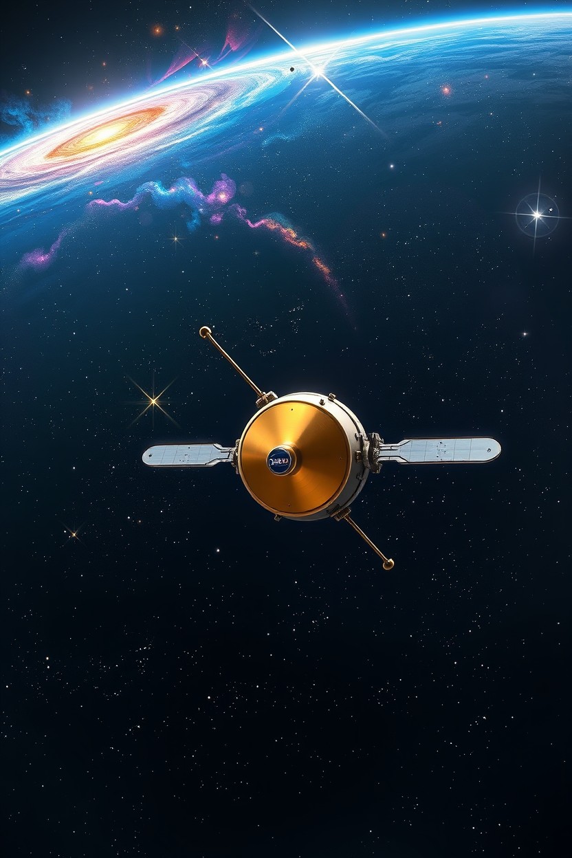 A stunning digital painting depicting NASA's Voyager spaceship traveling through the vastness of space