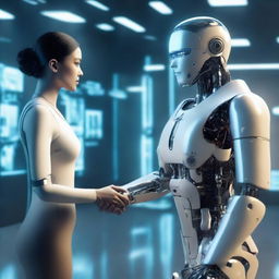 A futuristic scene where a human is interacting with an advanced AI system, depicting cooperation and shared insights between them.