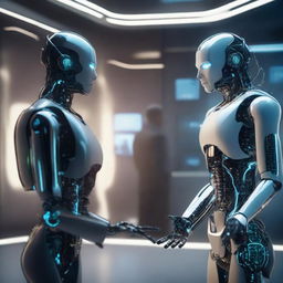 A futuristic scene where a human is interacting with an advanced AI system, depicting cooperation and shared insights between them.