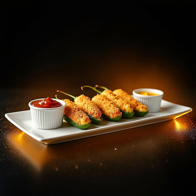 A visually appealing presentation of Jalapeno Poppers, featuring fresh jalapeños stuffed with a creamy and flavorful filling