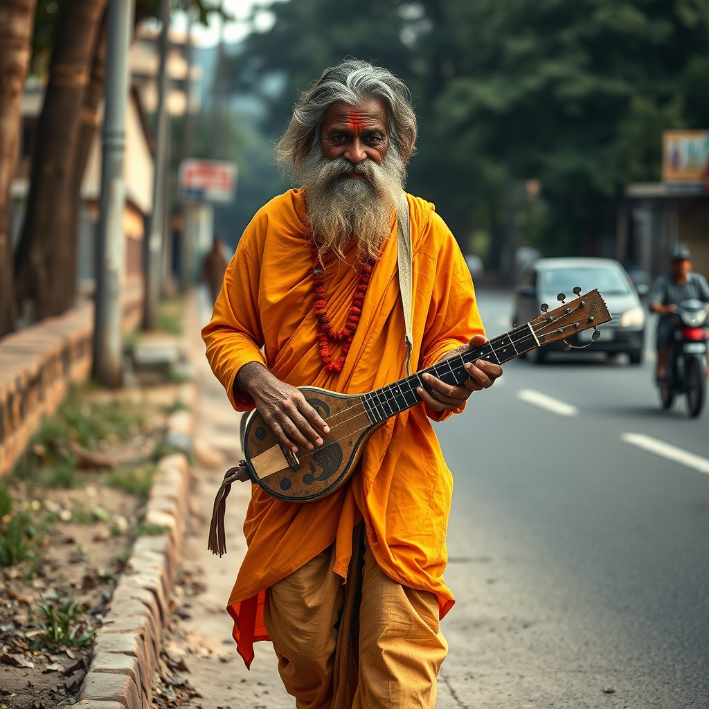 A hyper-realistic depiction of a fake Indian sadhu walking along a roadside