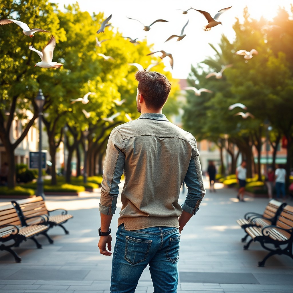 A 25-year-old man dressed in stylish jeans, standing with his back turned, gazing at birds flying in a lively square