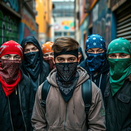 A group of young men with their faces covered by colorful bandanas, creating an air of mystery and rebellion