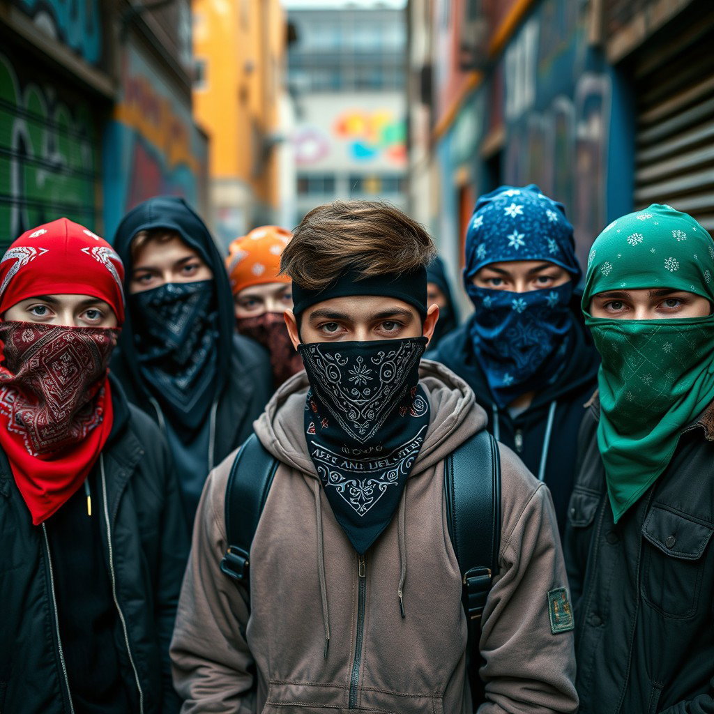 A group of young men with their faces covered by colorful bandanas, creating an air of mystery and rebellion