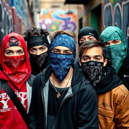 A group of young men with their faces covered by colorful bandanas, creating an air of mystery and rebellion