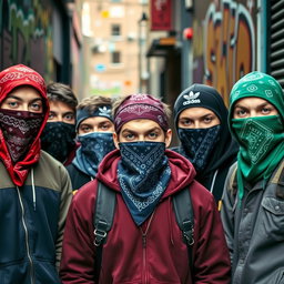 A group of young men with their faces covered by colorful bandanas, creating an air of mystery and rebellion