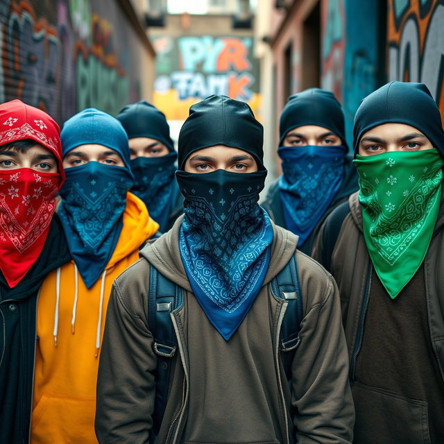 A group of young men with their faces covered by colorful bandanas, creating an air of mystery and rebellion