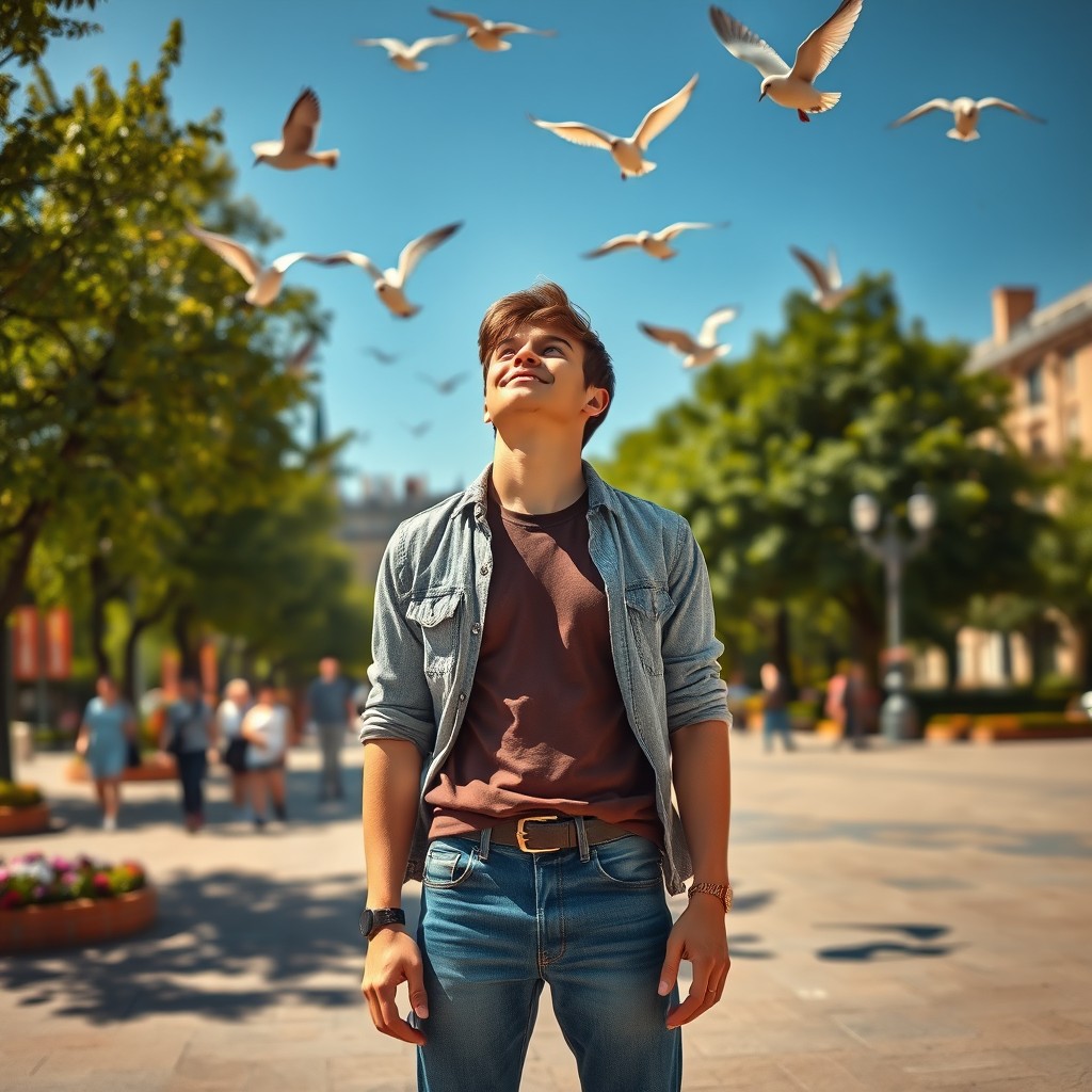 A 25-year-old young man wearing fashionable jeans, standing in a square while looking up at birds flying gracefully in the blue sky