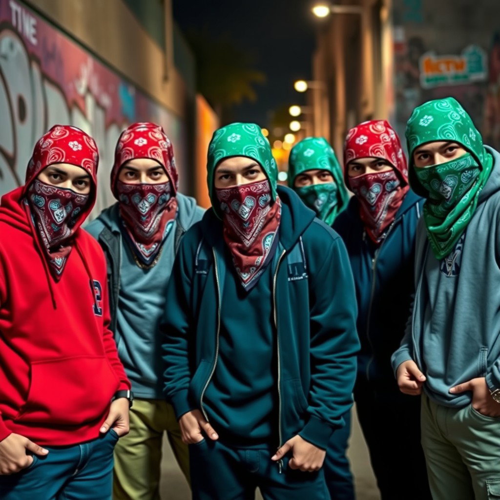A dynamic group of young men with their faces obscured by vibrant bandanas, creating an aura of mystery and camaraderie