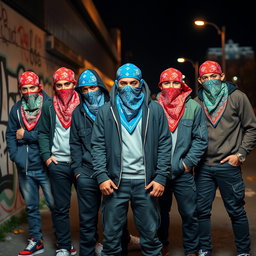 A dynamic group of young men with their faces obscured by vibrant bandanas, creating an aura of mystery and camaraderie