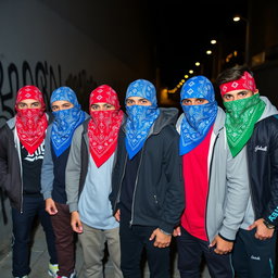 A dynamic group of young men with their faces obscured by vibrant bandanas, creating an aura of mystery and camaraderie