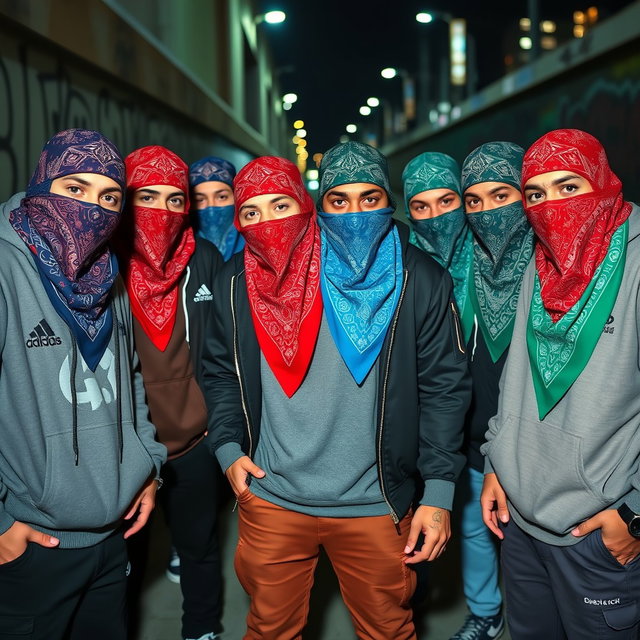 A dynamic group of young men with their faces obscured by vibrant bandanas, creating an aura of mystery and camaraderie