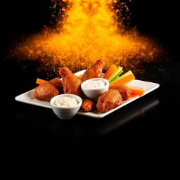 A delectable presentation of Chicken Wings served with fresh carrots, celery, and blue cheese dressing, artistically arranged on a long, narrow white rectangular plate