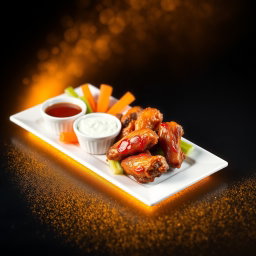 A delectable presentation of Chicken Wings served with fresh carrots, celery, and blue cheese dressing, artistically arranged on a long, narrow white rectangular plate